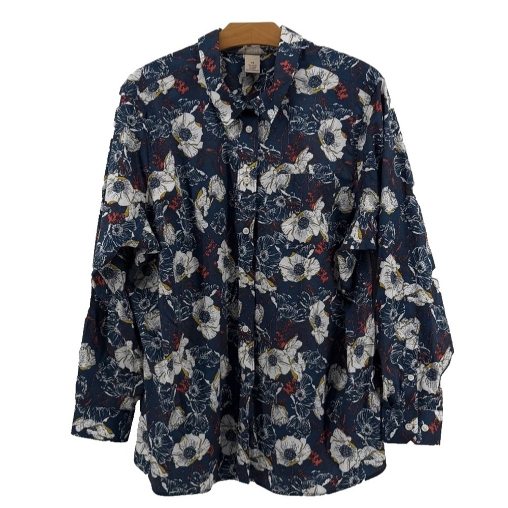 Duluth Trading Women's 1X Cotton Stretch Floral Button Front Shirt Long Sleeve